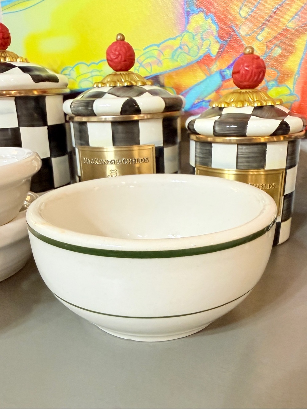 Vintage Thick Chunky White Restaurant Stoneware Bowl with Green Rim